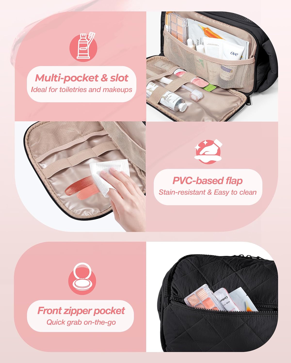 Marscamd Travel Toiletry Bag for Women, Wide-Open Makeup Organizer, Black