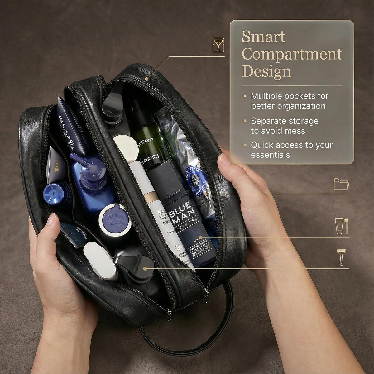 Men’s Toiletry Bag Travel Dopp Kit – double-deck Leather Water-Resistant Shaving Organizer Large Capacity, Double Compartments & Inner Pockets for Grooming, Bathroom & Gym Trip Toiletry Case(Black)