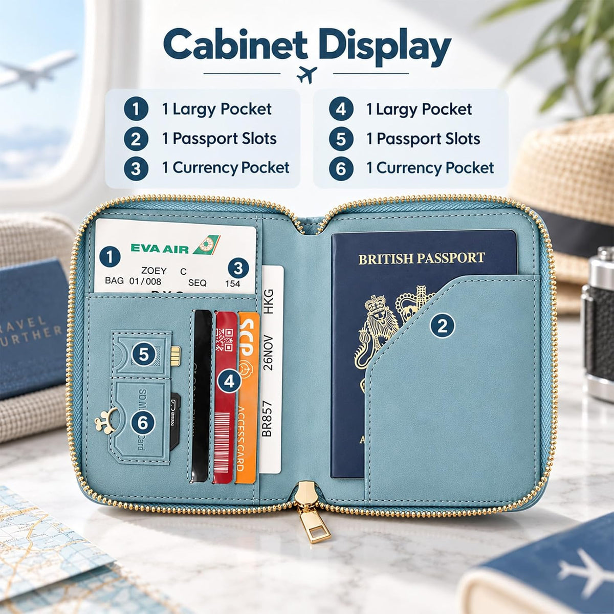 Travel Wallet Passport Holder, RFID Blocking Passport Cover with Zipper, Multi Compartment Travel Documents Organizer, Passport Book Protector with Card Slot, Passport Case for Women,Men,Family