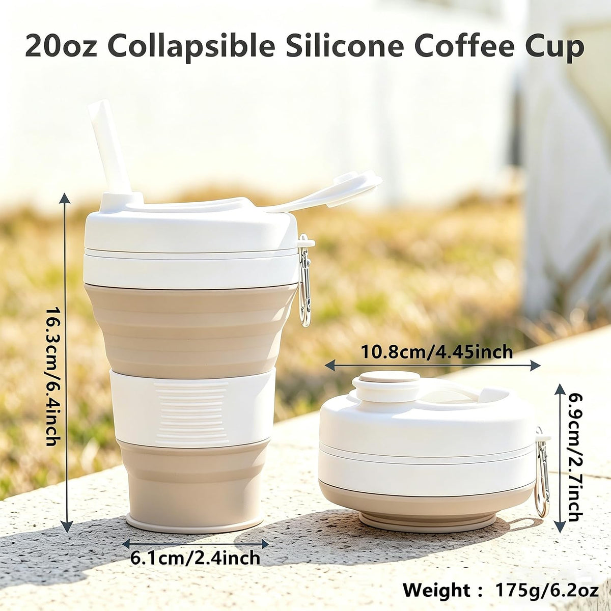 IYYI Collapsible Travel Cup, Silicone Coffee Cup with Lid, 20.3 oz Travel Coffee Mug with Straw, Folding Cup for Hiking Camping Office - Dishwasher Safe (Khaki)