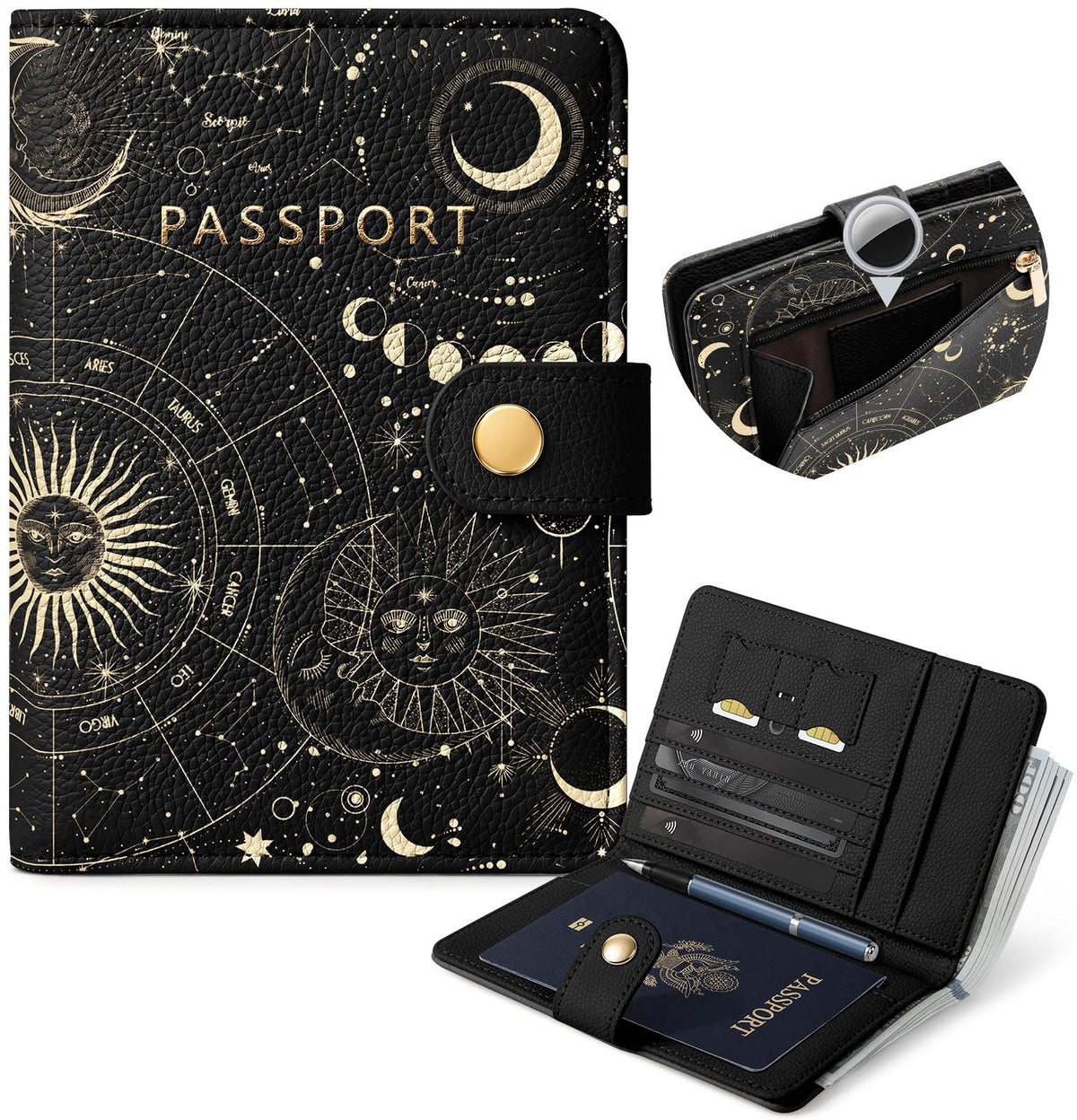 Slohif RFID Blocking Passport Holder with Hidden Tracker Slot Playful Cat