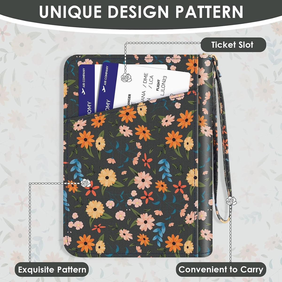 KONVINIT Black Floral Passport Holder For Travel, Passport Cover For Women