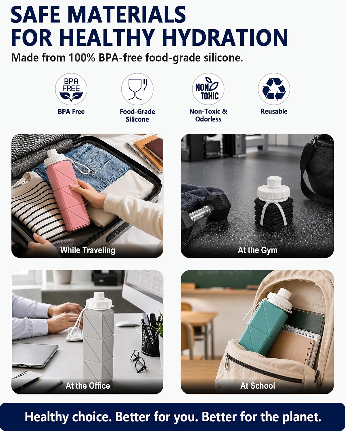 BEAUTAIL Collapsible Water Bottles 21oz/610mL, Silicone Travel Water Bottle