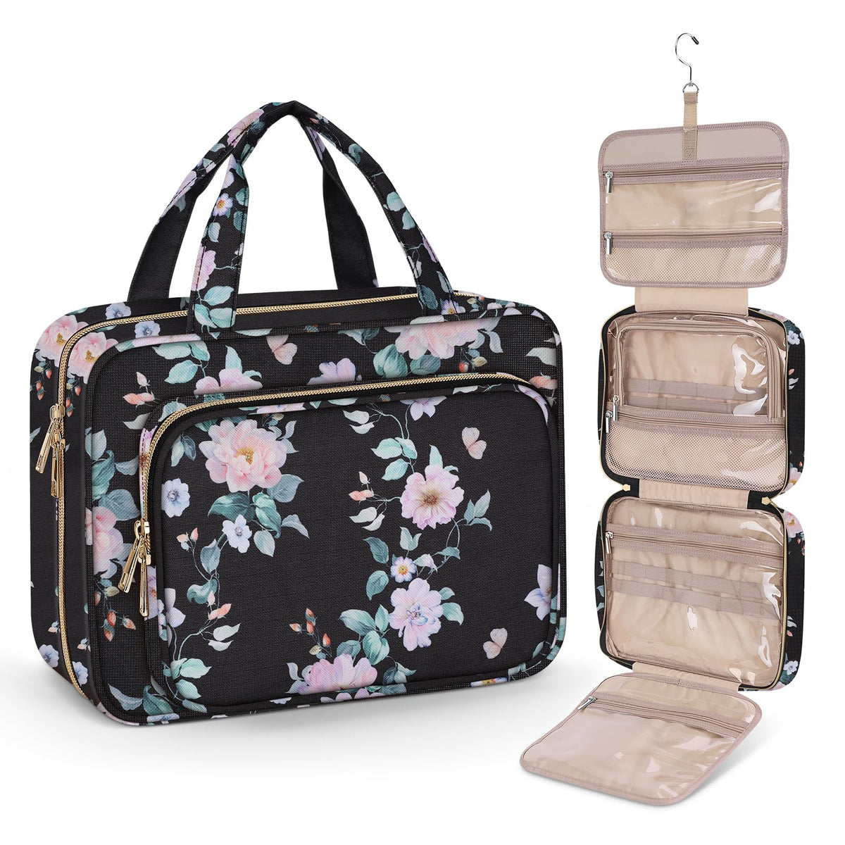 Wedama Toiletry Bag for Women, Hanging Travel Toiletry Bag with Jewelry Organizer Compartment Large Makeup Bag, PVC Waterproof Cosmetic Travel Bag for Travel Business Trips Camping Bathroom, Black