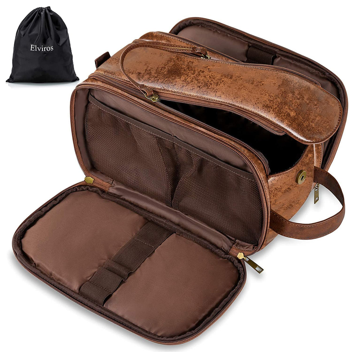 Elviros Travel Toiletry Bag for Men PU Leather Dopp Kit (Small, Brown)