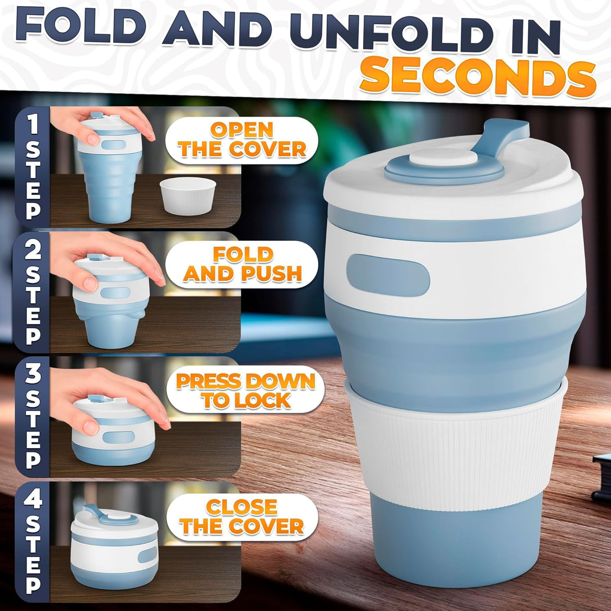 VIKROM Collapsible Coffee Cup with Lid, 2 Pack, 12 Oz Silicone Travel Mug