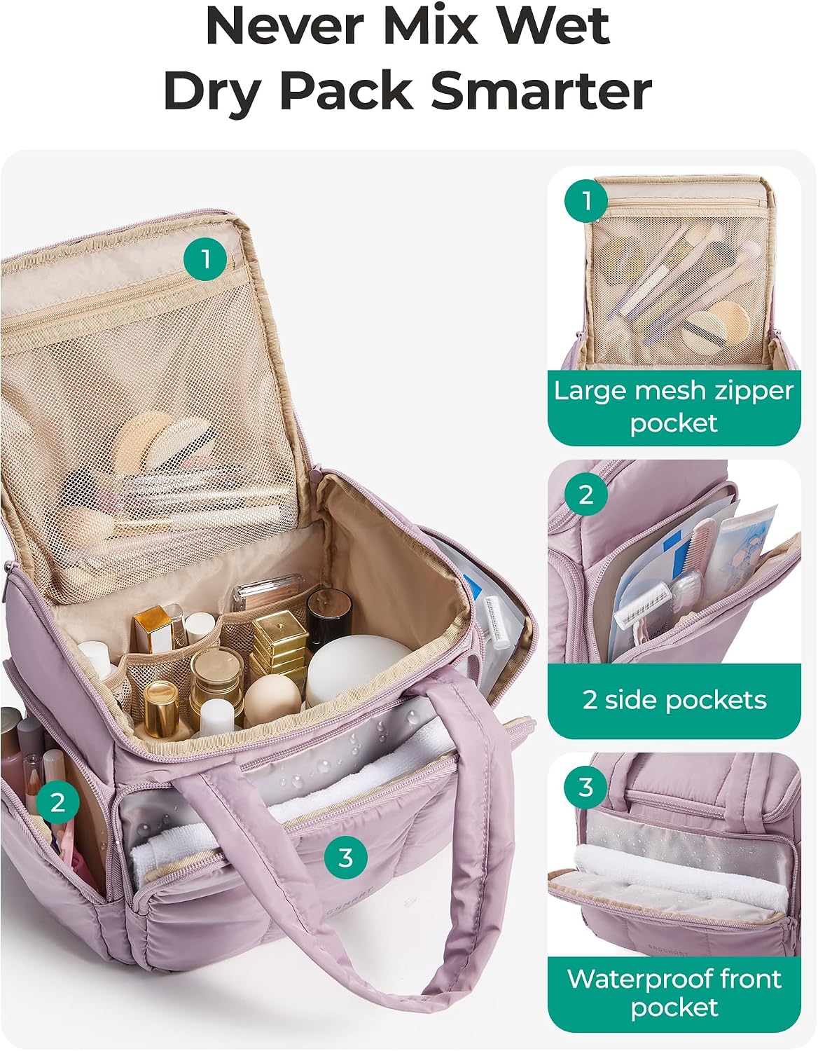 BAGSMART Toiletry Bag for Women with Dual-Padded Handles, Puffy Lightweight Makeup Bag for Makeup Accessories, Brushes Set, Travel-Sized Container, Camel