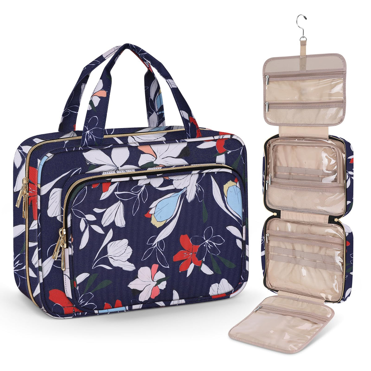 Wedama Toiletry Bag for Women, Hanging Travel Toiletry Bag with Jewelry Organizer Compartment Large Makeup Bag, PVC Waterproof Cosmetic Travel Bag for Travel Business Trips Camping Bathroom, Black