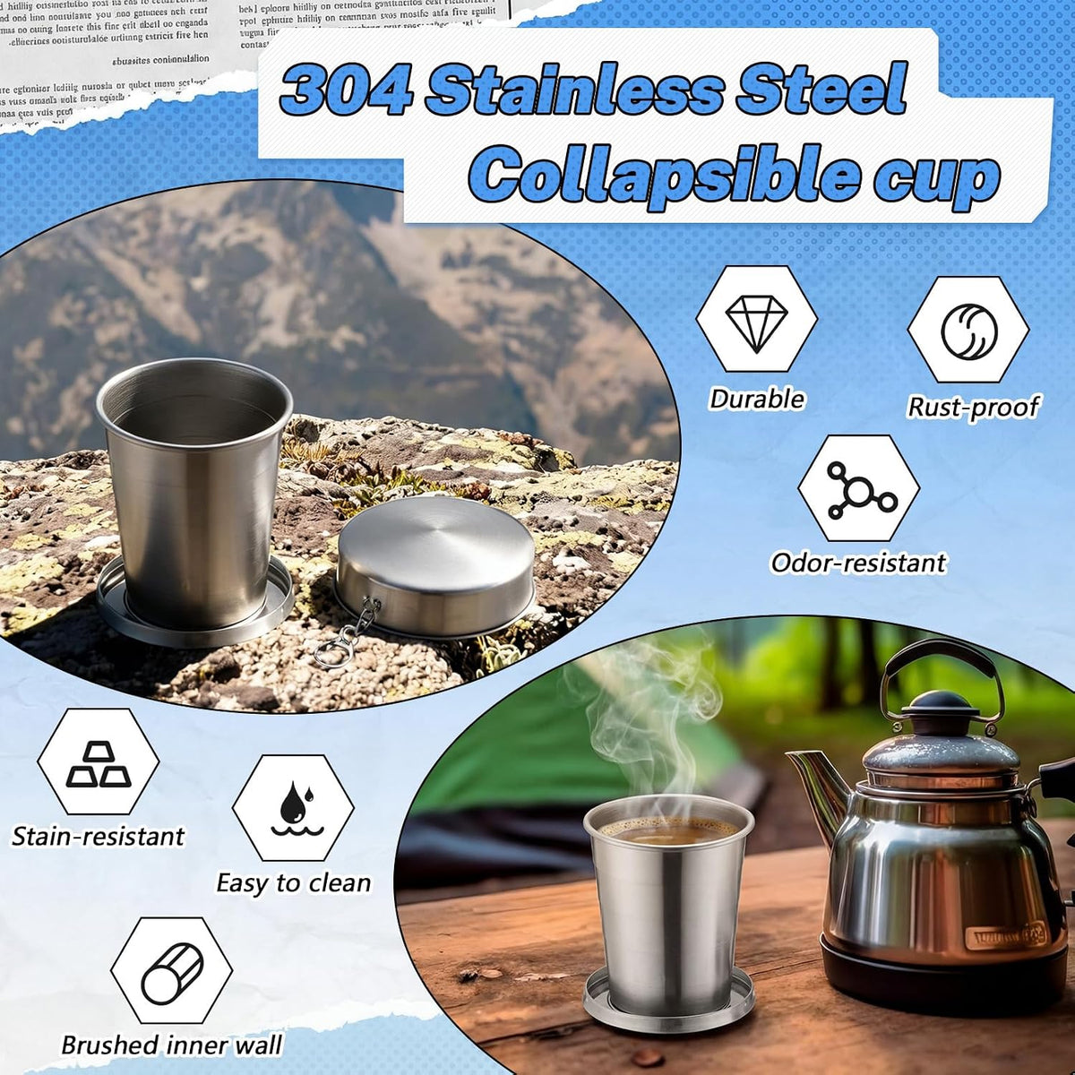 2 Pack 304 Stainless Steel Collapsible Cup 16 oz Folding Travel Cup with Lid and Keychain, Reusable Packable Camp Mug for Camping, Hiking, Picnic, Travel & Everyday Use