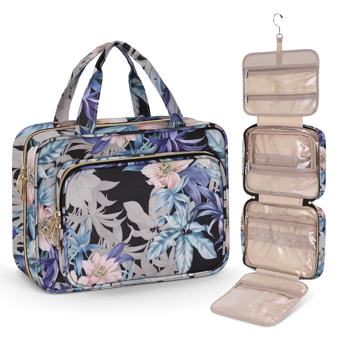 Wedama Toiletry Bag for Women, Hanging Travel Toiletry Bag with Jewelry Organizer Compartment Large Makeup Bag, PVC Waterproof Cosmetic Travel Bag for Travel Business Trips Camping Bathroom, Black