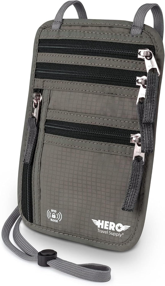 HERO Neck Wallet - RFID Blocking Passport Holder, Easy to Conceal Travel Pouch (Army Grey)