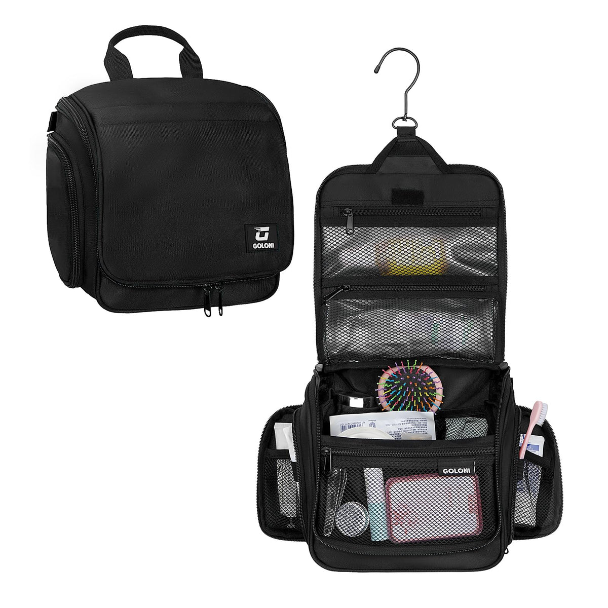 Goloni Hanging Toiletry Bag for Men Women, Water-Resistant Organizer,Black