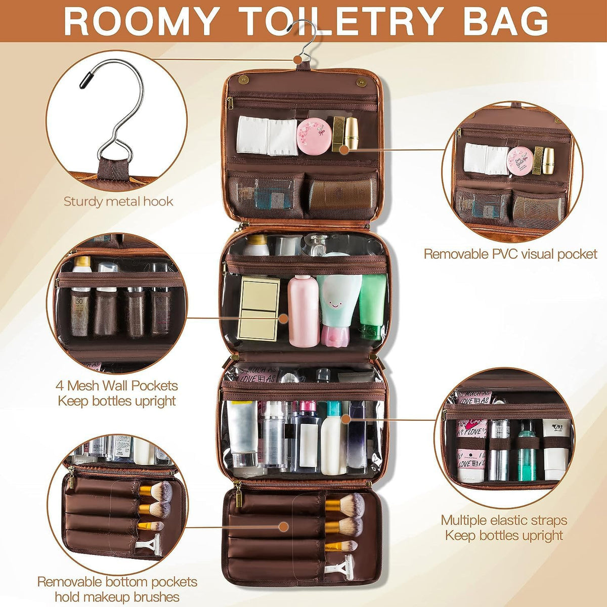 Elviros Hanging Toiletry Bag for Men PU Leather Shaving Dopp Kit (Brown)