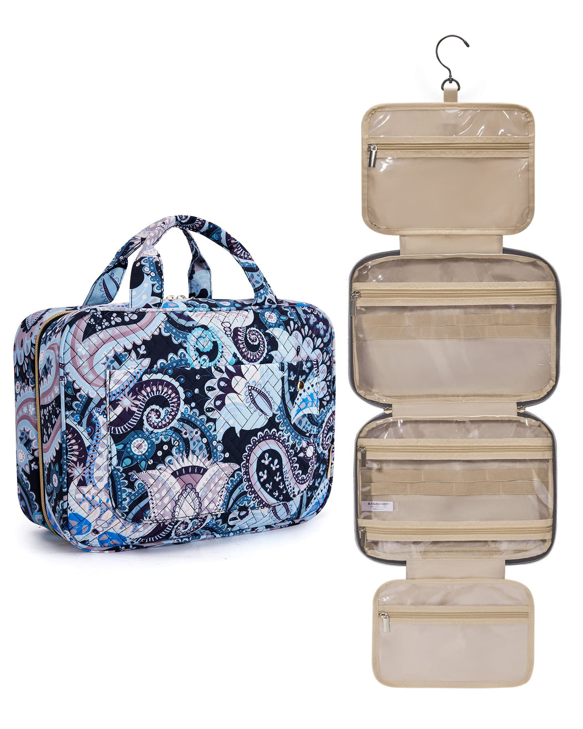 BAGSMART Toiletry Bag Travel Bag with Hanging Hook, Water-resistant Makeup Cosmetic Bag Travel Organizer for Accessories, Shampoo, Full Sized Container, Toiletries (Medium-Grey)