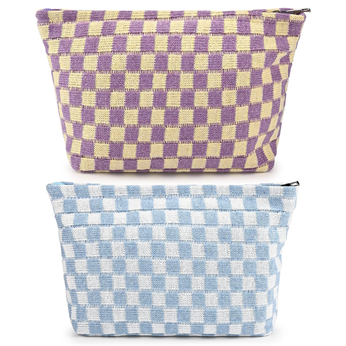 SOIDRAM 2 Pieces Makeup Bag Large Checkered Cosmetic Bag Capacity Canvas Mix Travel Toiletry Bag Organizer Cute Makeup Brushes Aesthetic Accessories Storage Bag for Women, Checkered Mix Rose Red