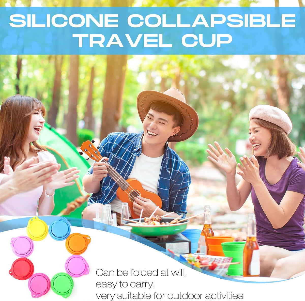 Funnymoom 8 Pcs Collapsible Silicone Cups with Lids, 7 oz, Rainbow Colors