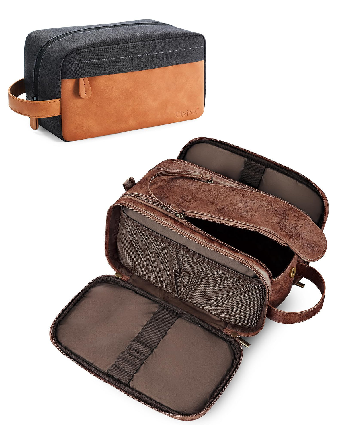 Elviros Travel Toiletry Bag for Men PU Leather Dopp Kit (Small, Brown)
