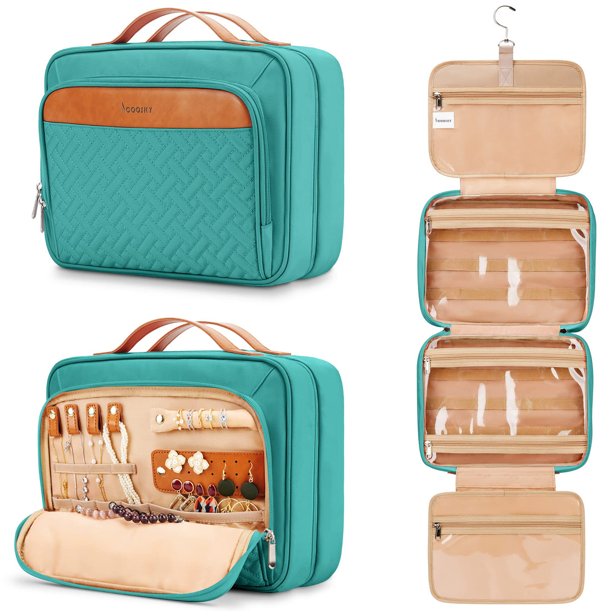 COOSKY Travel Hanging Toiletry Bag for Women, Cruise Ship Essentials, with Jewelry Organizer, Extra Large Makeup Dopp Kit, Waterproof Cosmetic Bags, Toiletries Kit Set with Trolley Belt, Green