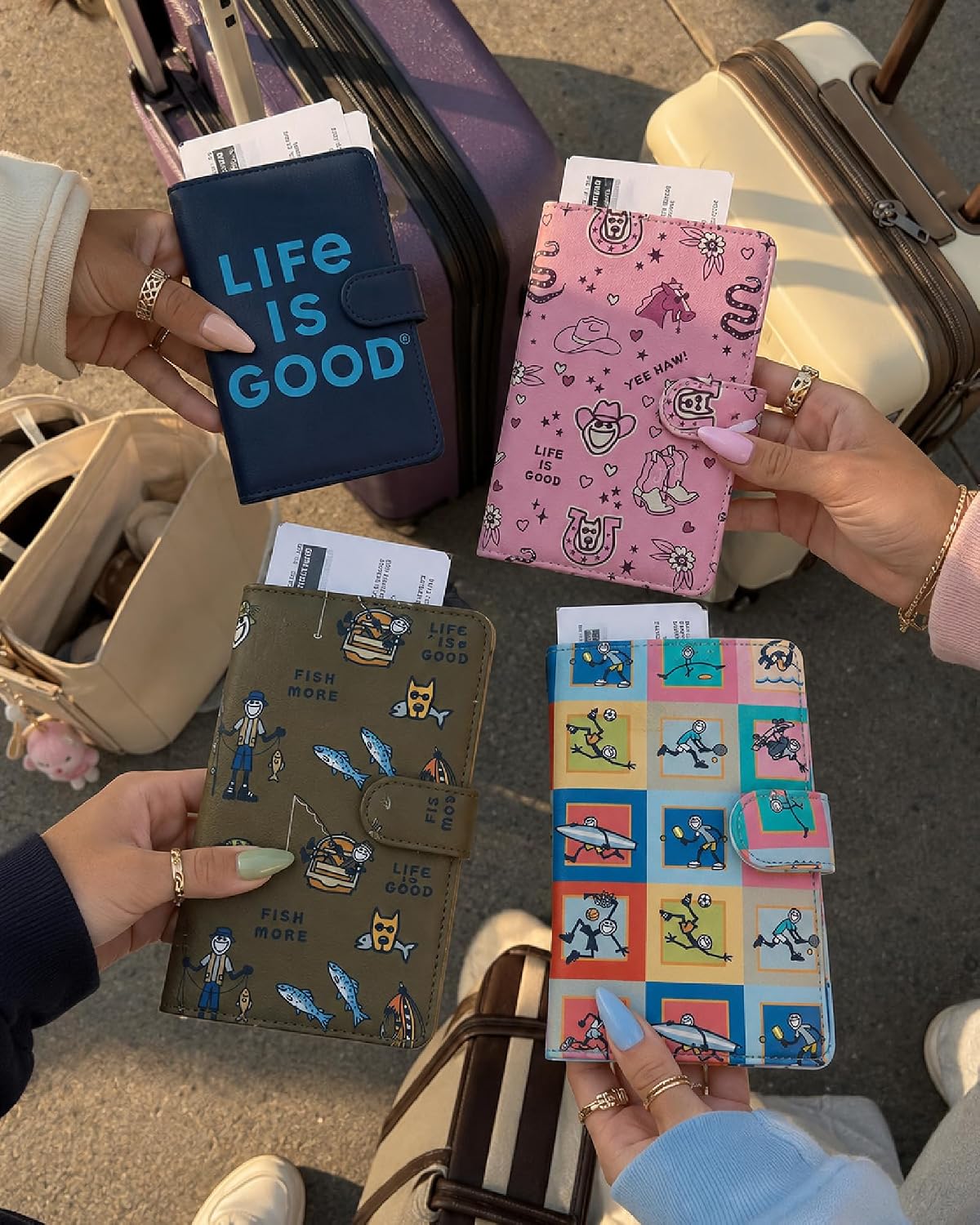Life is Good Travel Passport Cover - Anti-Theft Passport Holder Wallet with Interior Card Slots, Magnetic Snap Closure, Newsprint