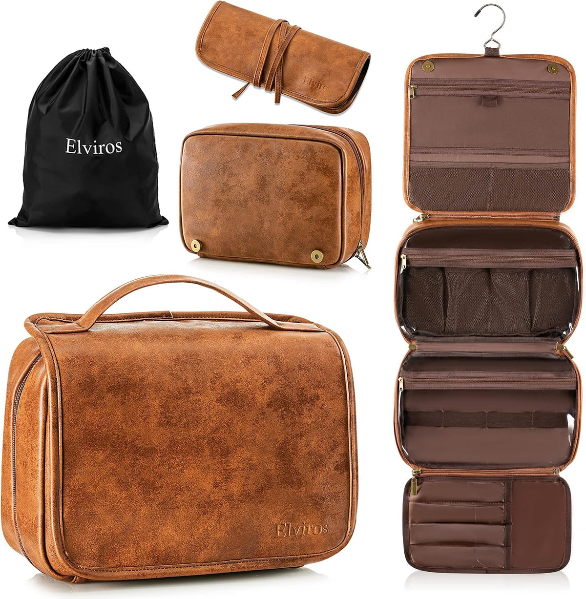 Elviros Hanging Toiletry Bag for Men PU Leather Shaving Dopp Kit (Brown)