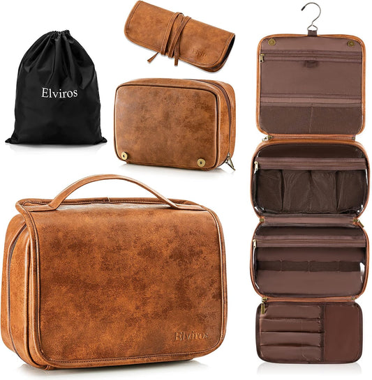 Elviros Hanging Toiletry Bag for Men PU Leather Shaving Dopp Kit (Brown)