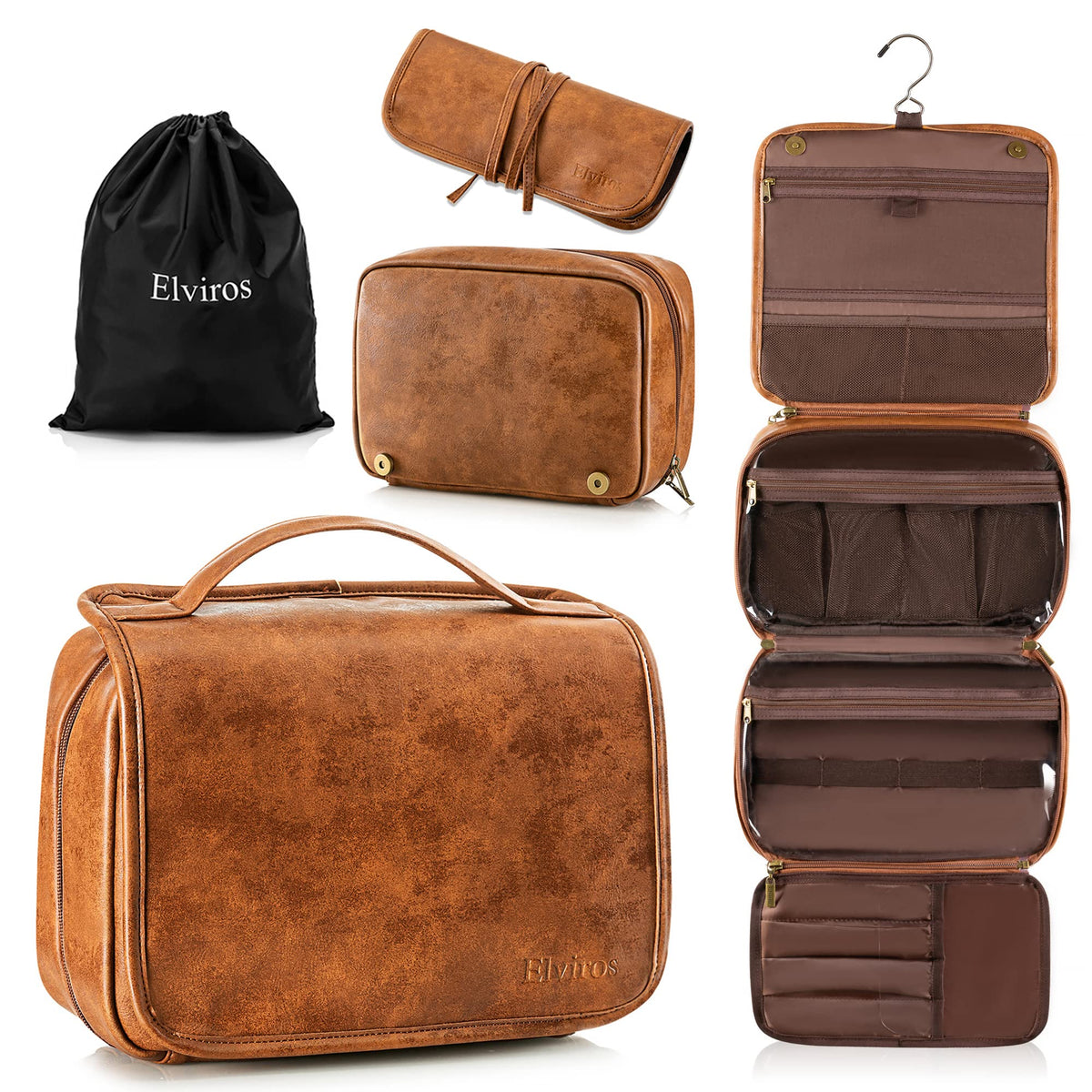 Elviros Hanging Toiletry Bag for Men PU Leather Shaving Dopp Kit (Brown)