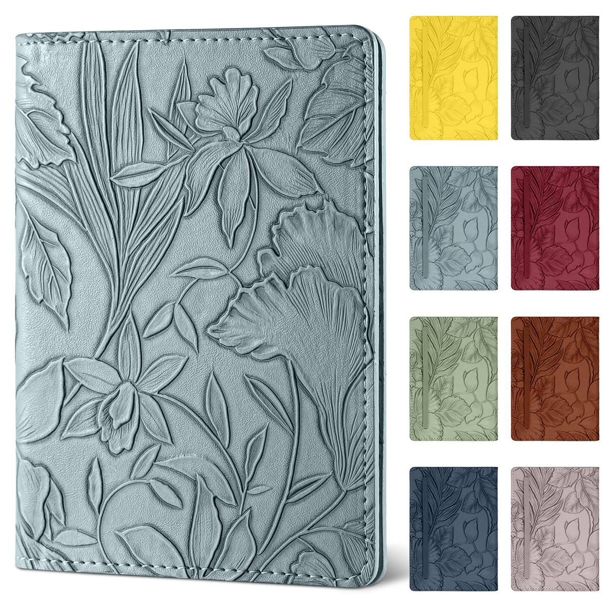 Passport Holder for Travel Essentials，Cute Embossed Floral Pattern RFID Blocking Leather Passport Wallet Cover，Essentials Items for Men and Women's Travel，Green