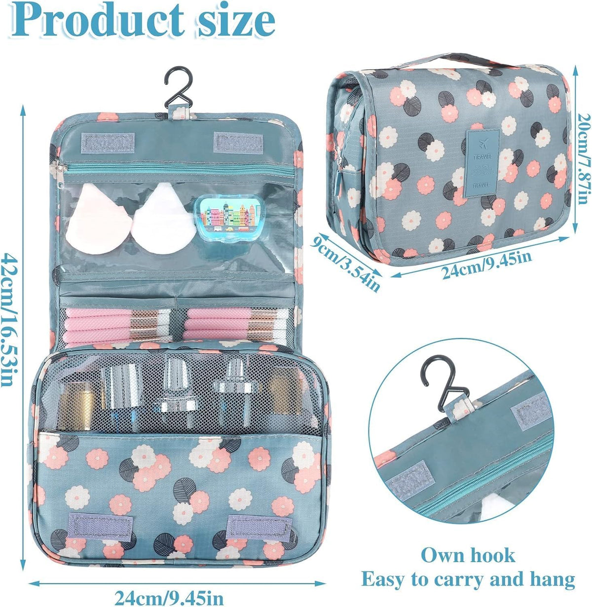Hanging Toiletry Bag for Women, Portable Cosmetic Summer Beach Bag, Floral