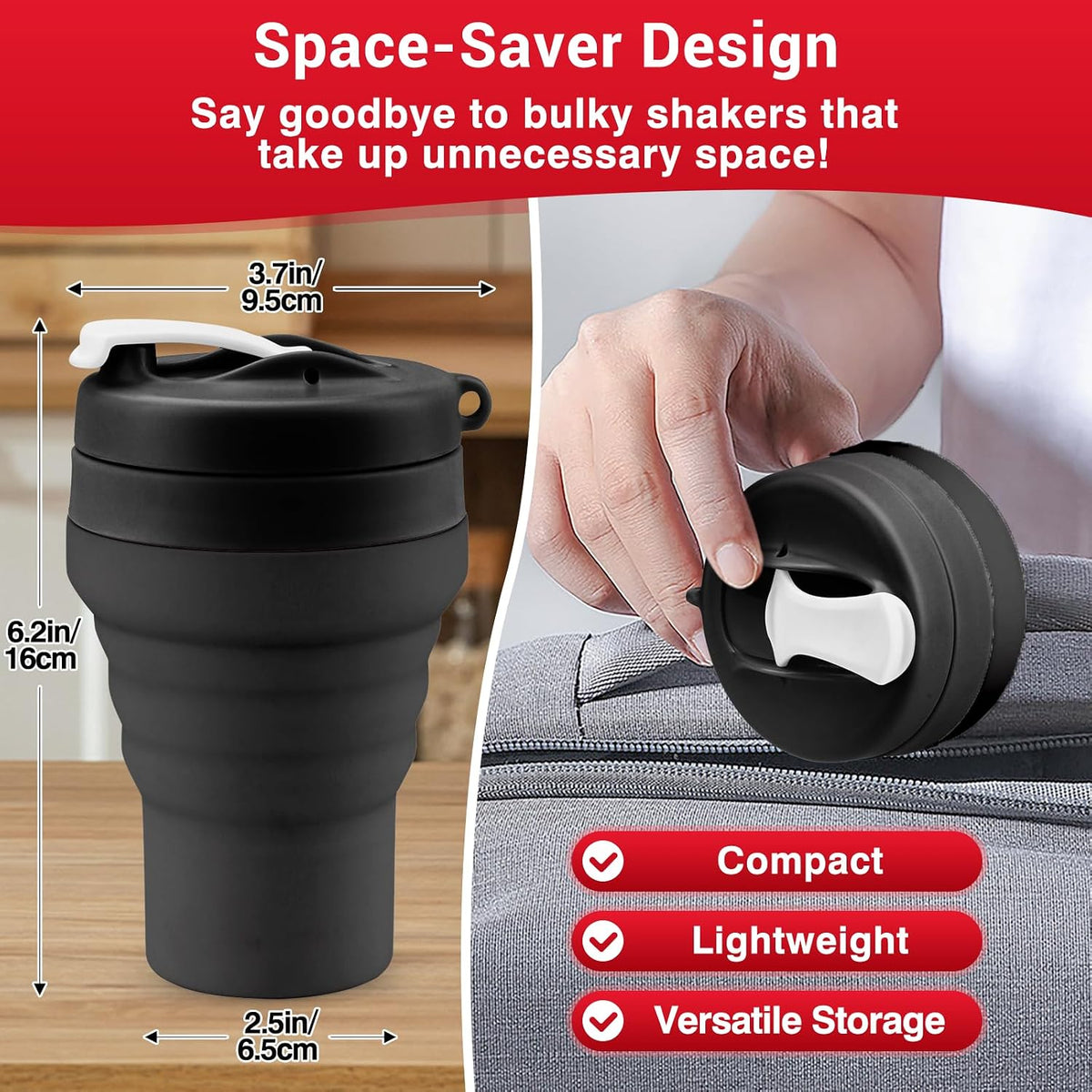 Collapsible Protein Shaker Bottle: 20 Oz Travel-Friendly Shaker Cup, Black