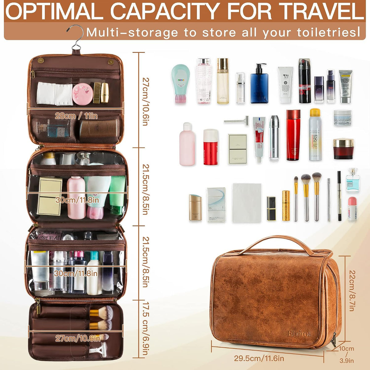 Elviros Hanging Toiletry Bag for Men PU Leather Shaving Dopp Kit (Brown)