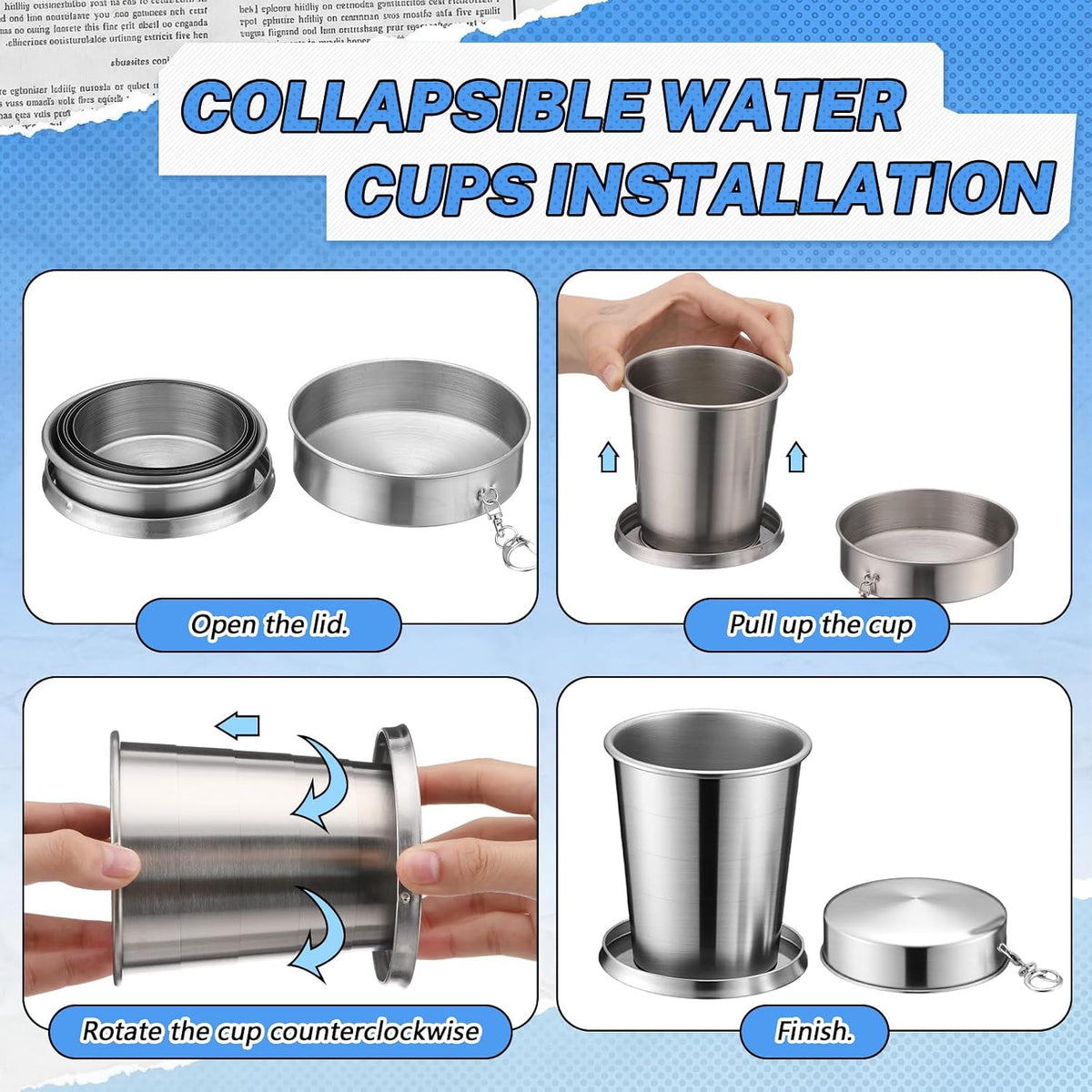 2 Pack 304 Stainless Steel Collapsible Cup 16 oz Folding Travel Cup with Lid and Keychain, Reusable Packable Camp Mug for Camping, Hiking, Picnic, Travel & Everyday Use