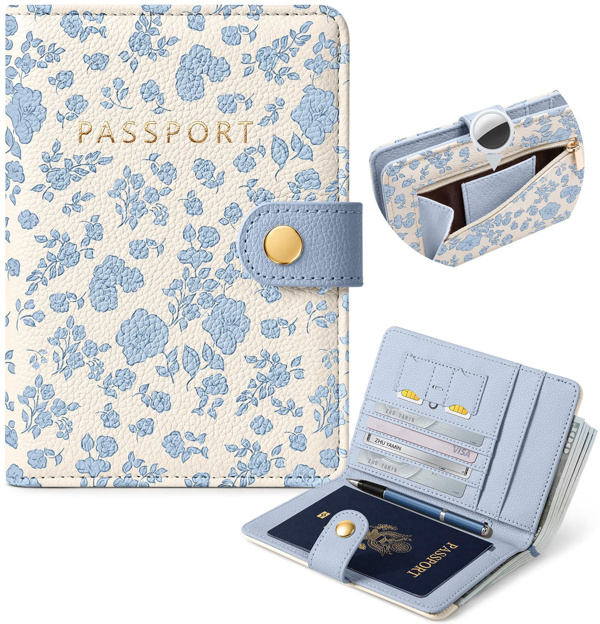 Slohif RFID Blocking Passport Holder with Hidden Tracker Slot Playful Cat