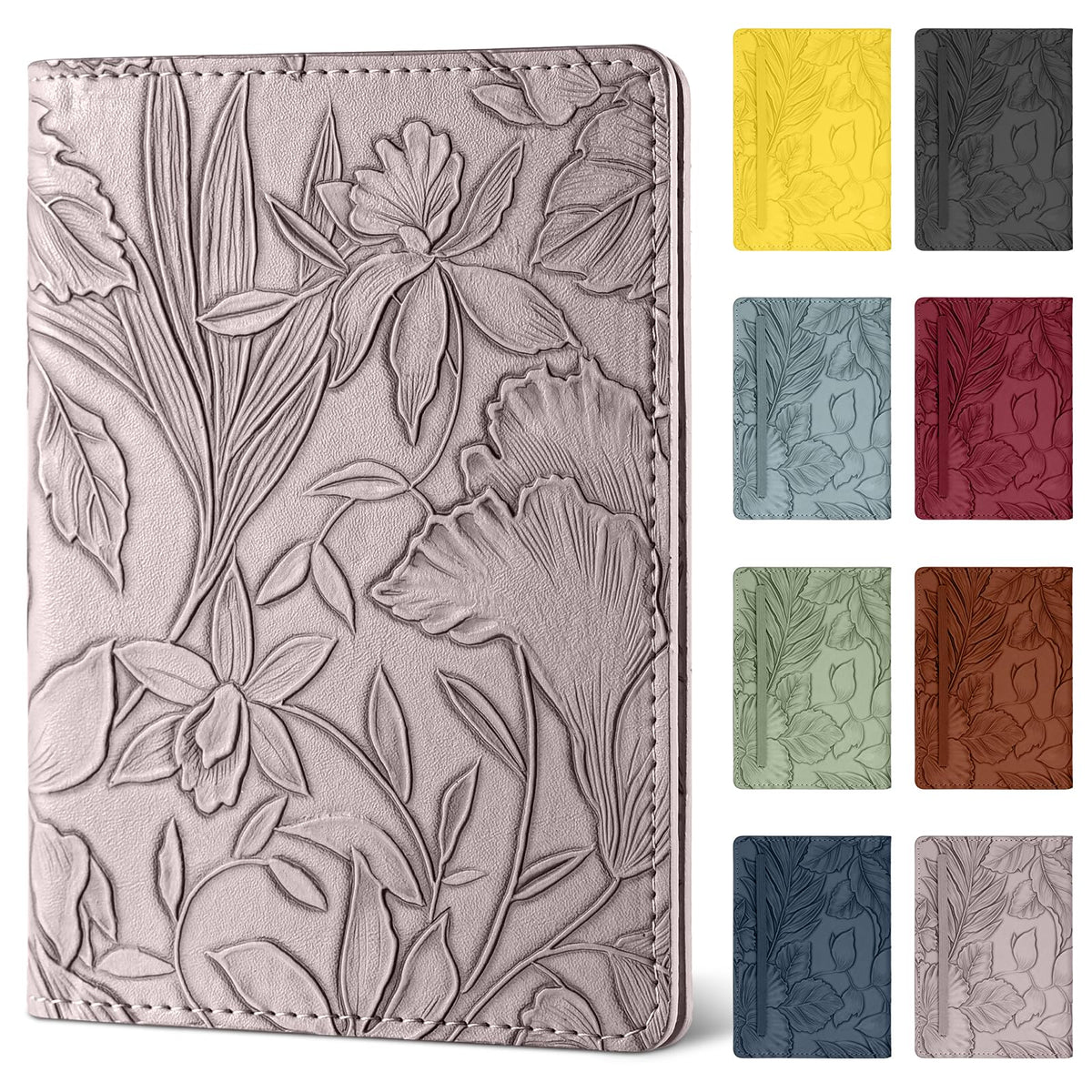 Passport Holder for Travel Essentials，Cute Embossed Floral Pattern RFID Blocking Leather Passport Wallet Cover，Essentials Items for Men and Women's Travel，Green