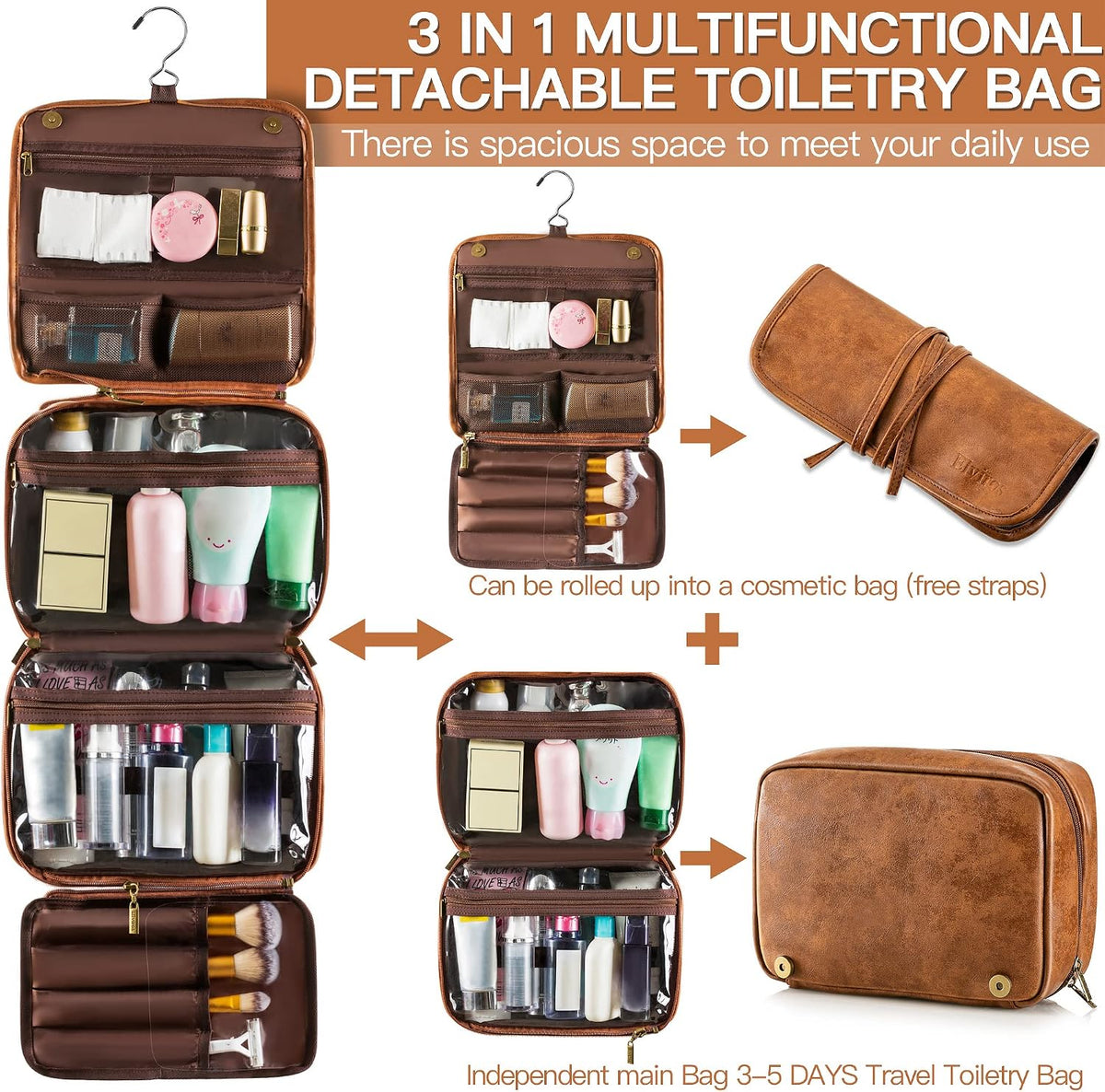 Elviros Hanging Toiletry Bag for Men PU Leather Shaving Dopp Kit (Brown)