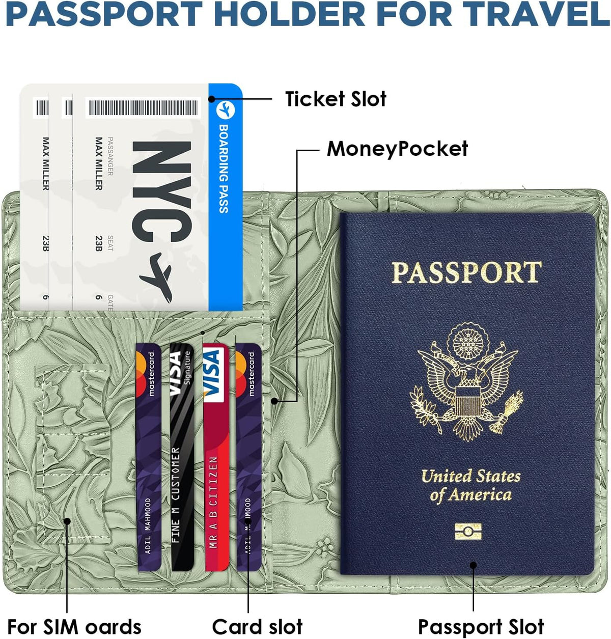 Passport Holder for Travel Essentials，Cute Embossed Floral Pattern RFID Blocking Leather Passport Wallet Cover，Essentials Items for Men and Women's Travel，Green