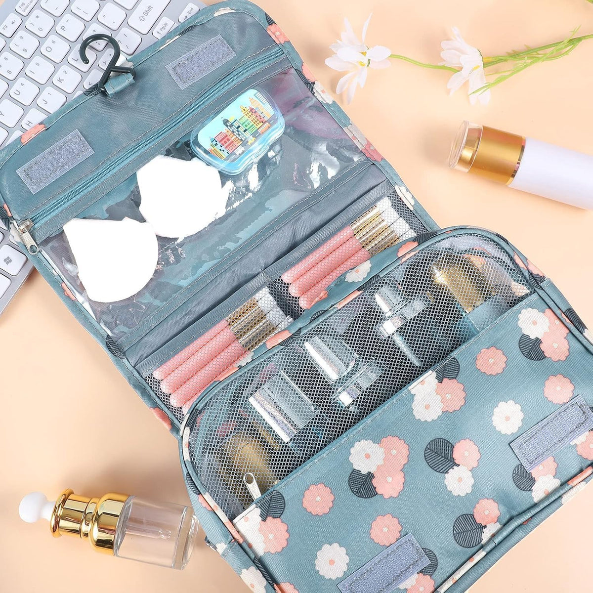 Hanging Toiletry Bag for Women, Portable Cosmetic Summer Beach Bag, Floral