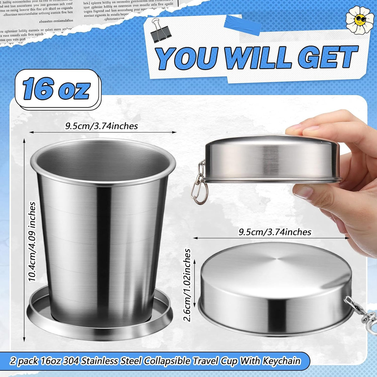 2 Pack 304 Stainless Steel Collapsible Cup 16 oz Folding Travel Cup with Lid and Keychain, Reusable Packable Camp Mug for Camping, Hiking, Picnic, Travel & Everyday Use