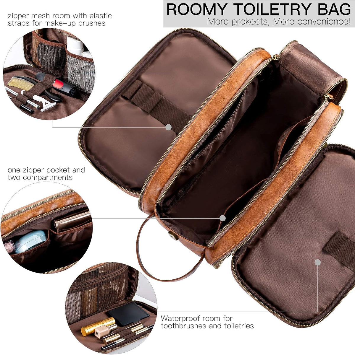 Elviros Travel Toiletry Bag for Men PU Leather Dopp Kit (Small, Brown)