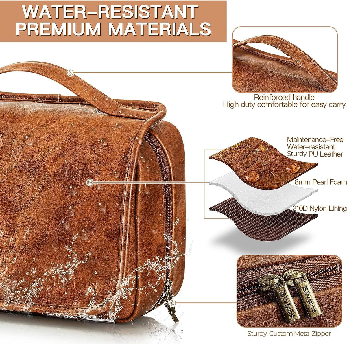 Elviros Hanging Toiletry Bag for Men PU Leather Shaving Dopp Kit (Brown)