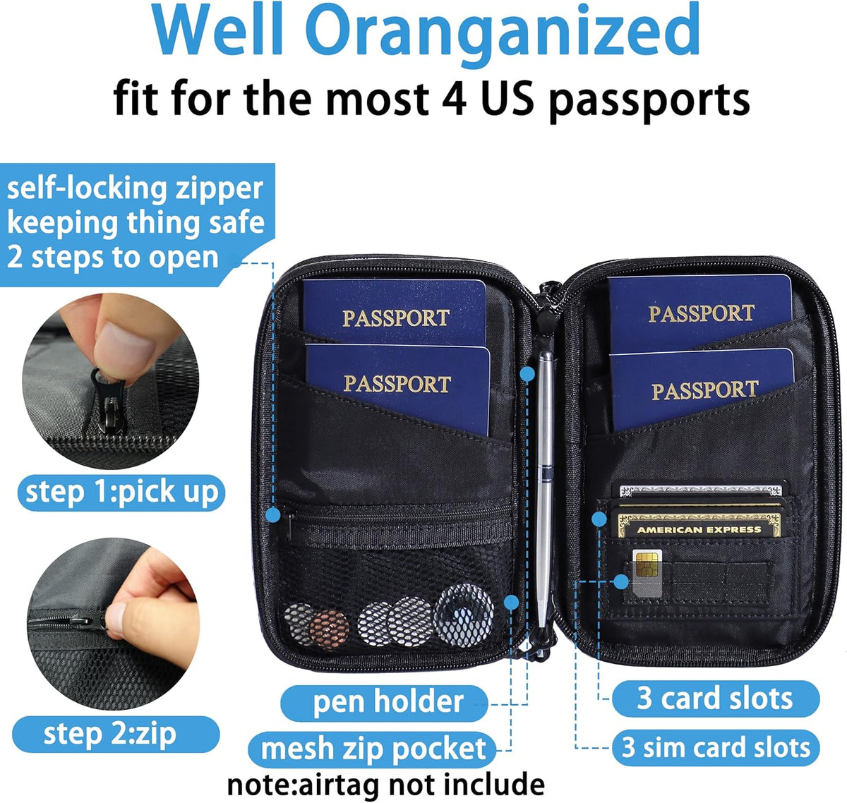 Lagre Family Passport Holder for 4, Solid Black