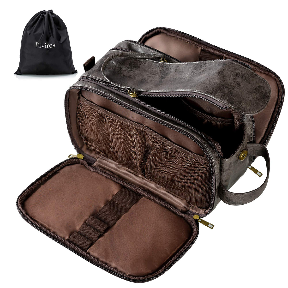 Elviros Travel Toiletry Bag for Men PU Leather Dopp Kit (Small, Brown)