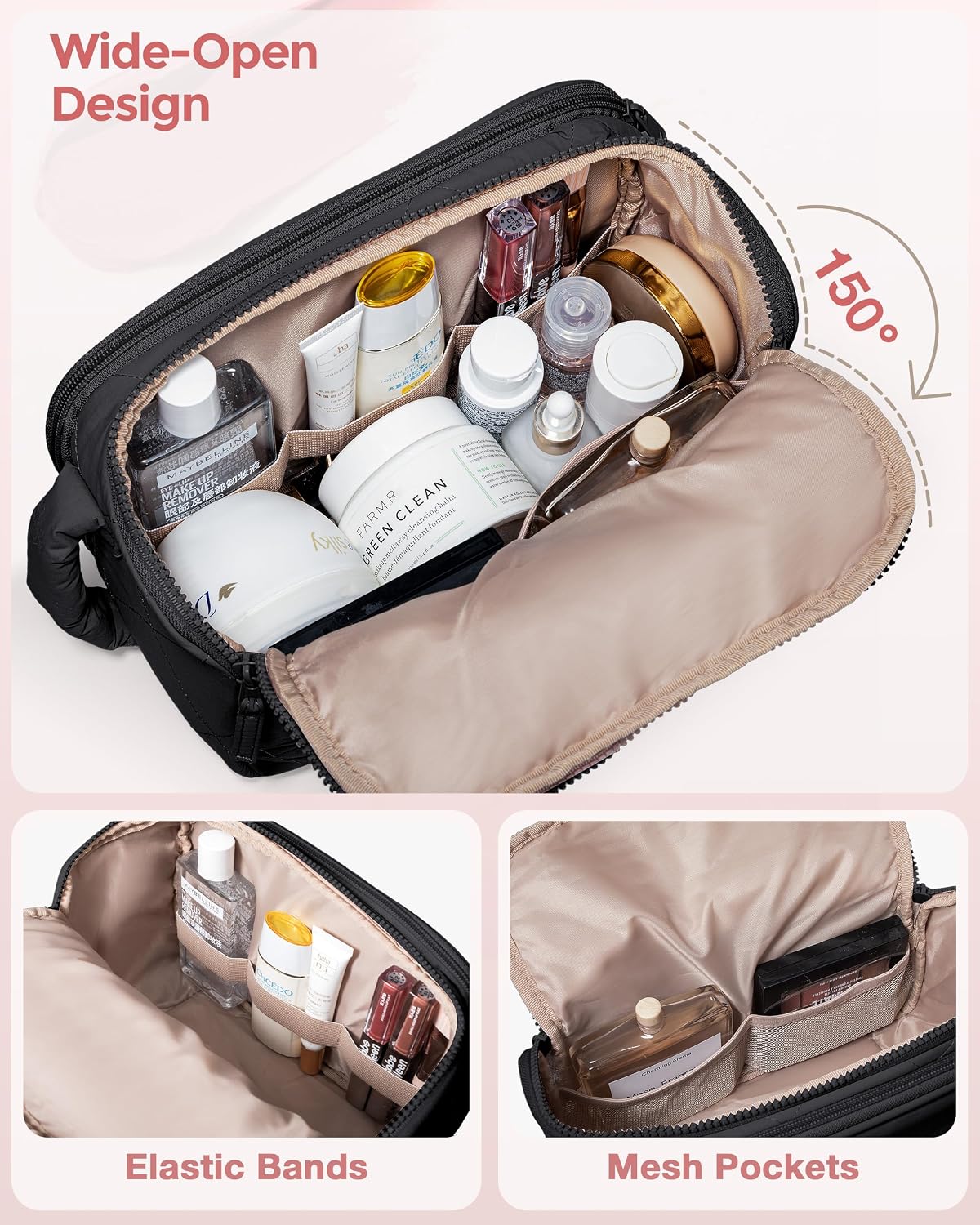 Marscamd Travel Toiletry Bag for Women, Wide-Open Makeup Organizer, Black