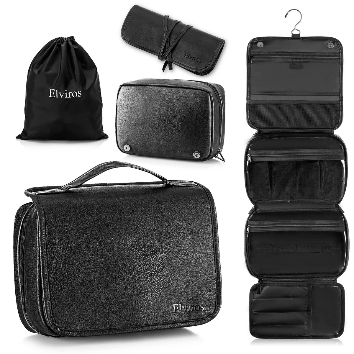 Elviros Hanging Toiletry Bag for Men PU Leather Shaving Dopp Kit (Brown)